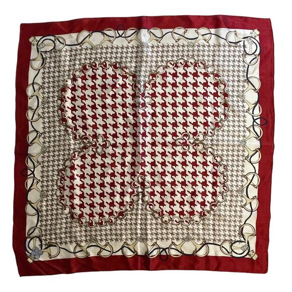 Mulberry Silk Square Scarf Womens Red & Tan Houndstooth Bear 21" - Picture 1 of 5